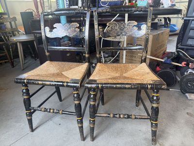 Pair of L. Hitchcock Hitchcocksville CT Rush Seat Chairs – Black & Gold