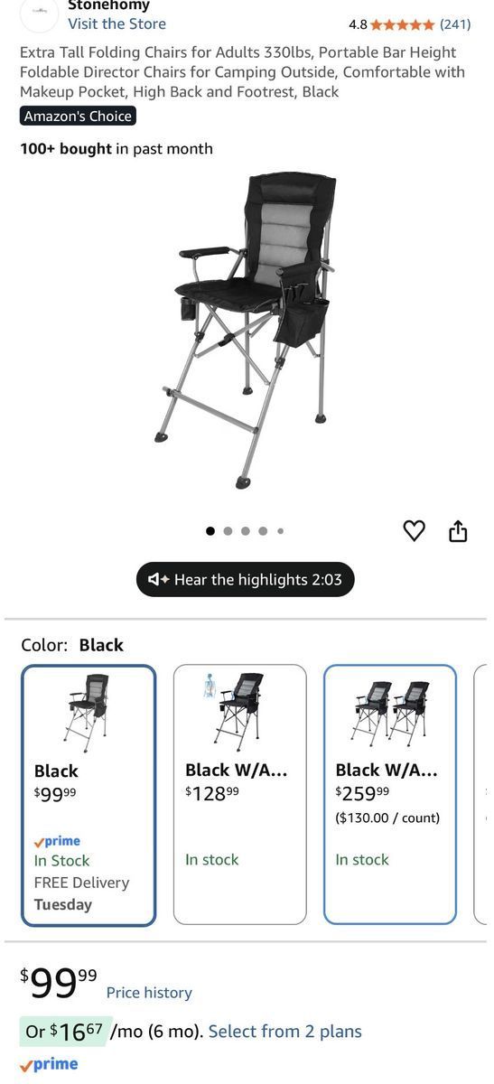 Extra tall folding camping chair