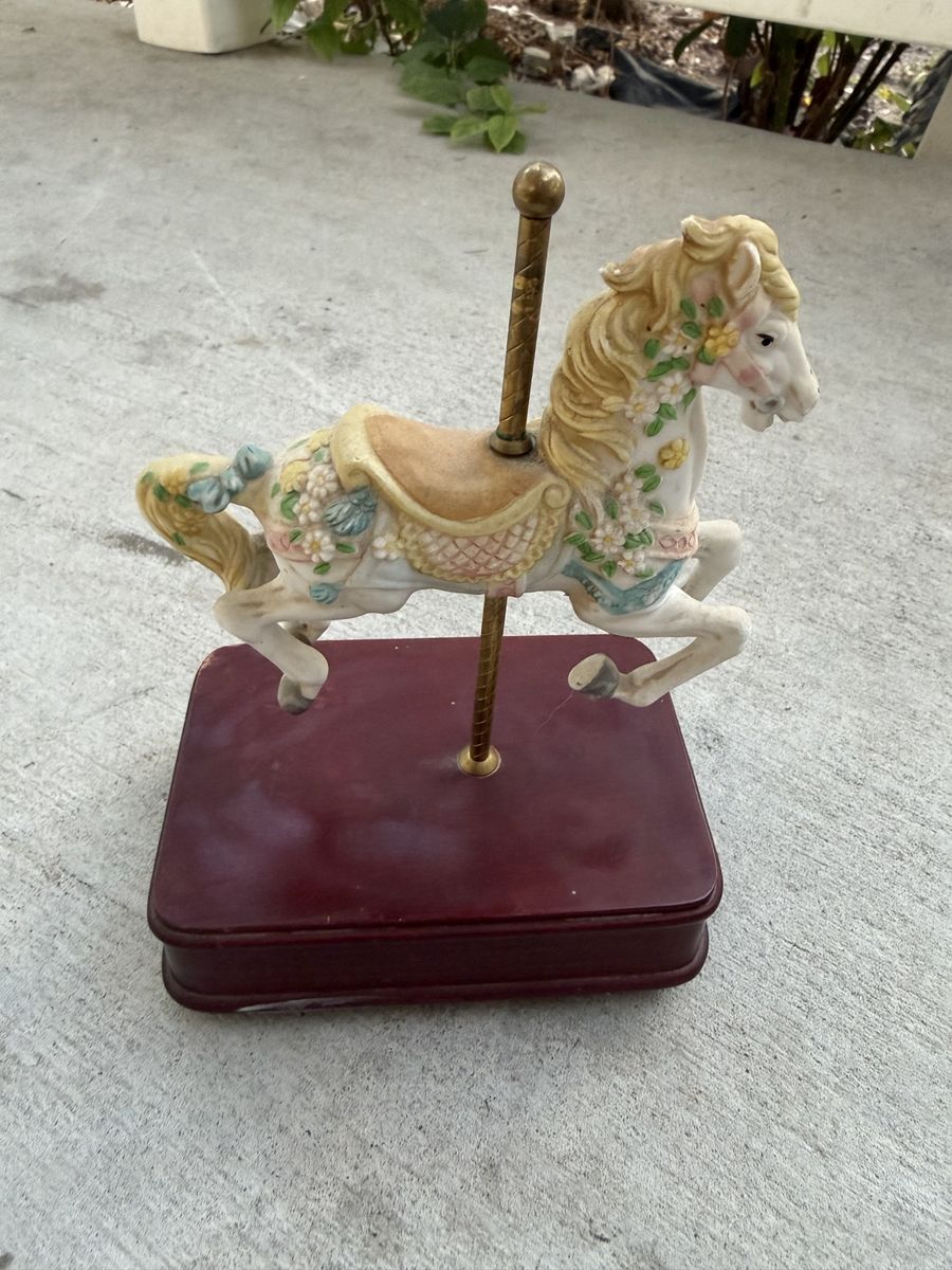 Vintage Ceramic Carousel Horse Music Box on Wooden Base