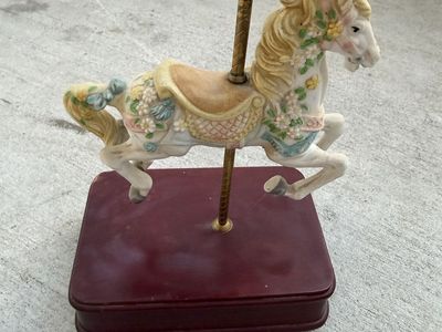 Vintage Ceramic Carousel Horse Music Box on Wooden Base