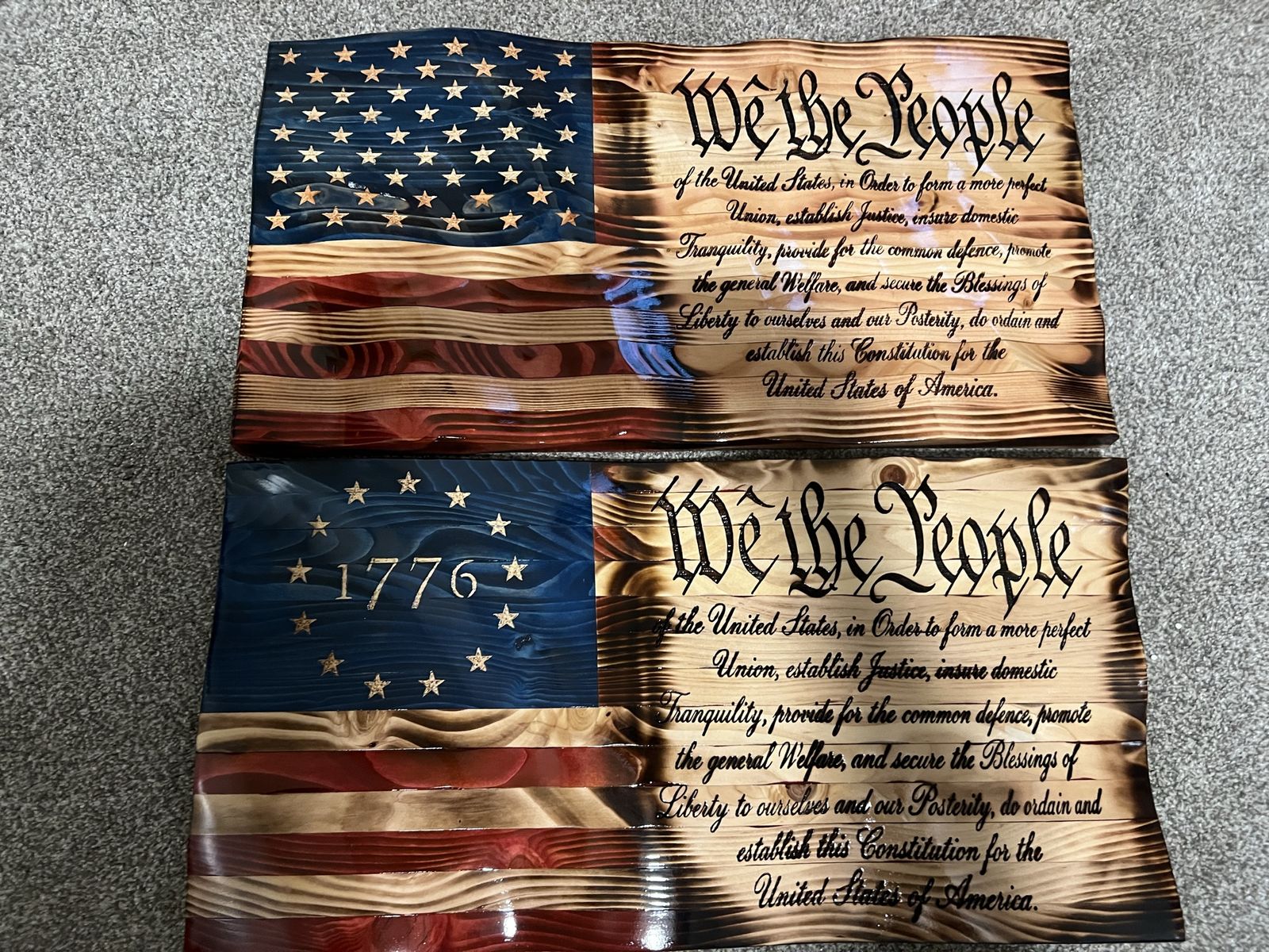 Hand carved wavy rustic wood American flag with We the People preamble