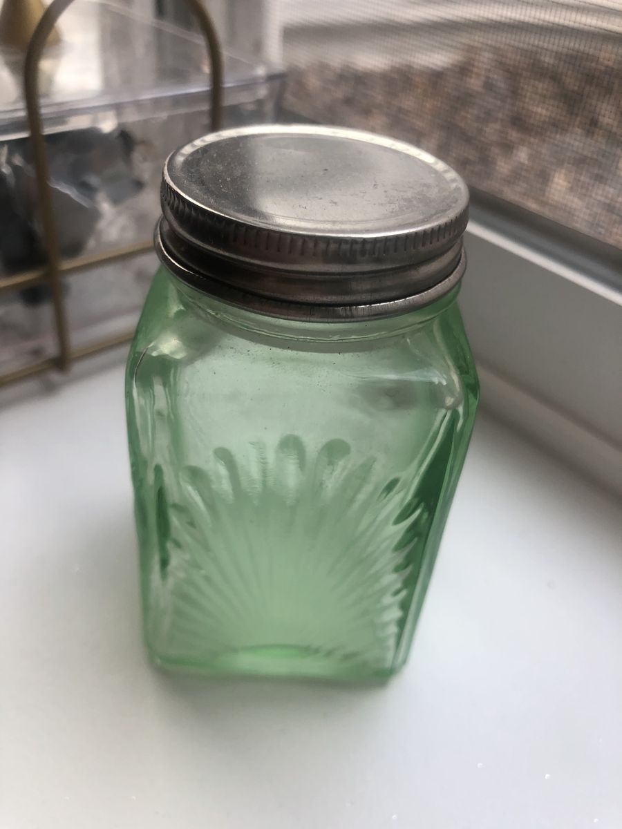 Vintage Light Green Glass Square Jar with Embossed Design & Metal Lid
