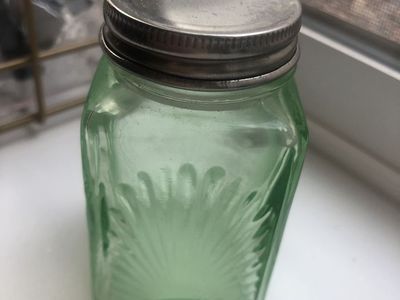 Vintage Light Green Glass Square Jar with Embossed Design & Metal Lid