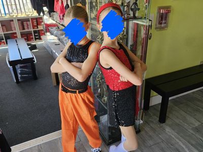 Girls Red/Black Sequin & Orange Hip Hop Dance Costume Set with Warmers - Size 8