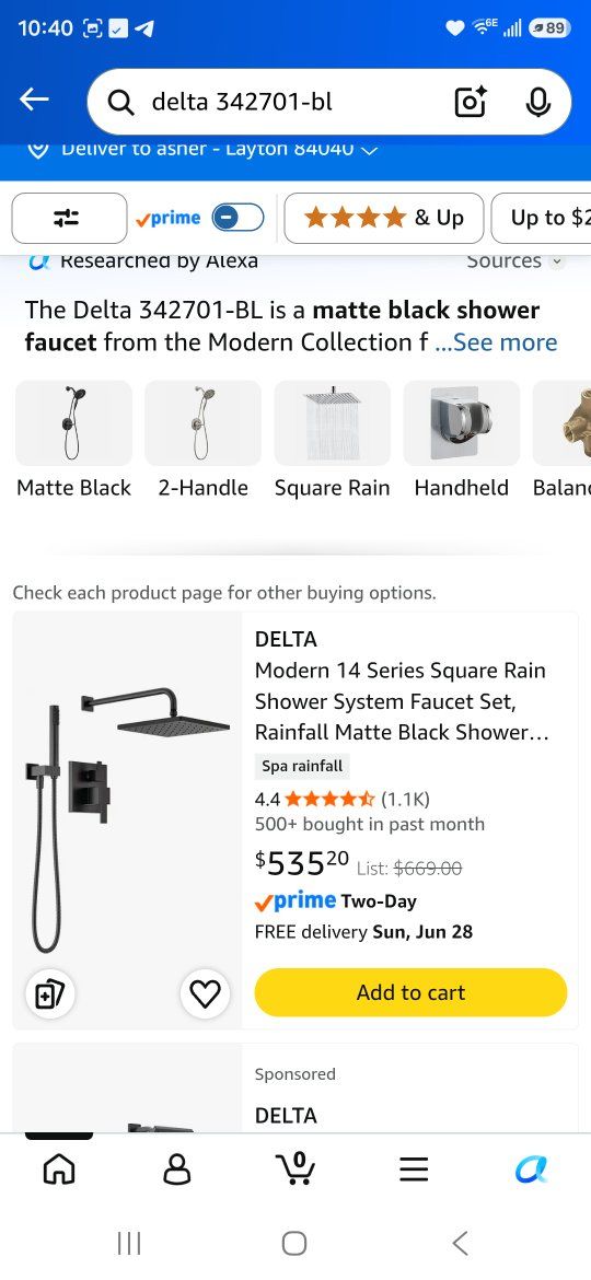 Delta 342701-BL Modern 14 Series Matte Black Square Rain Shower System Faucet Set