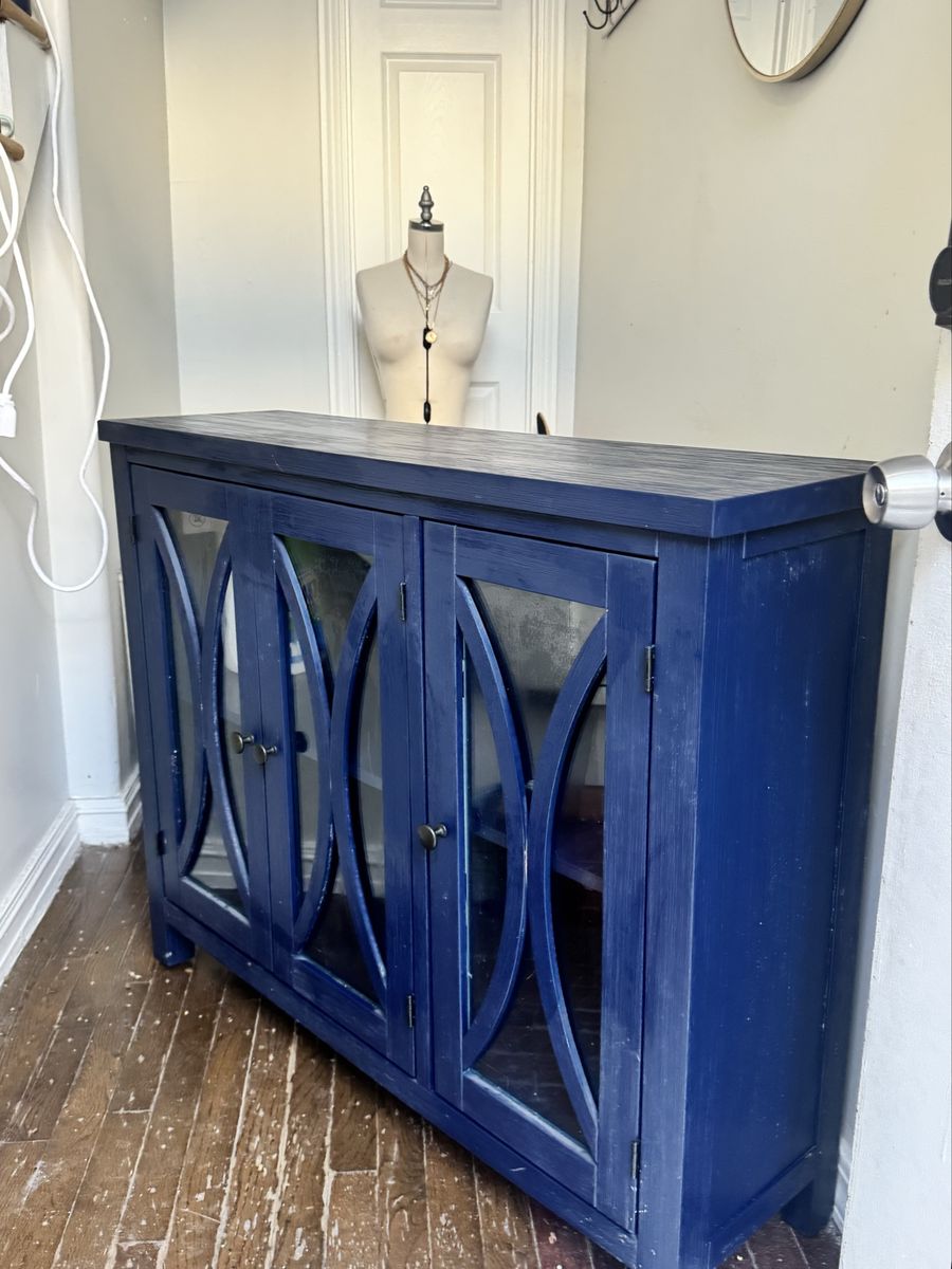 Navy Blue Wooden Accent Cabinet with Glass Insert Doors