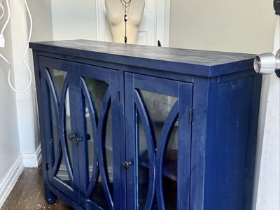 Navy Blue Wooden Accent Cabinet with Glass Insert Doors