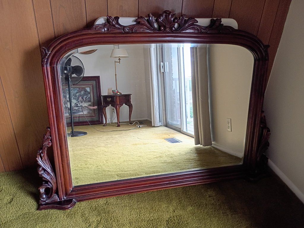 Large Vintage Ornate Wooden Mirror - Dark Wood Finish, Carved Details