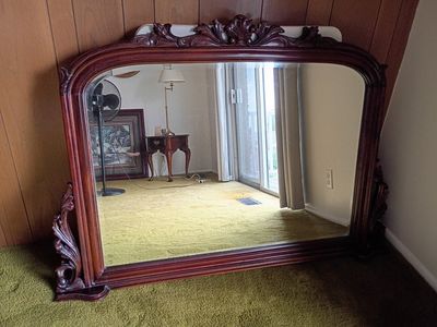 Large Vintage Ornate Wooden Mirror - Dark Wood Finish, Carved Details