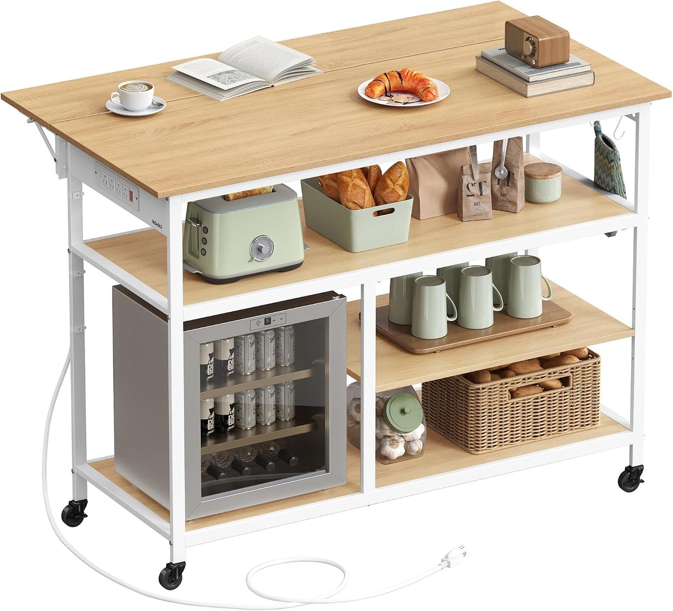 VASAGLE Kitchen Island with Drop Leaf, 47.2" Width Rolling Kitchen Cart with Power Strip