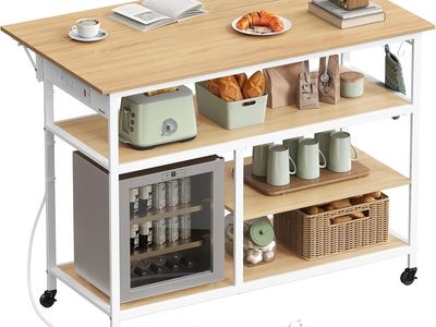 VASAGLE Kitchen Island with Drop Leaf, 47.2" Width Rolling Kitchen Cart with Power Strip