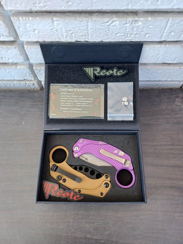 Reate EXO-K Gravity Karambit Button Lock Knife Purple Aluminum