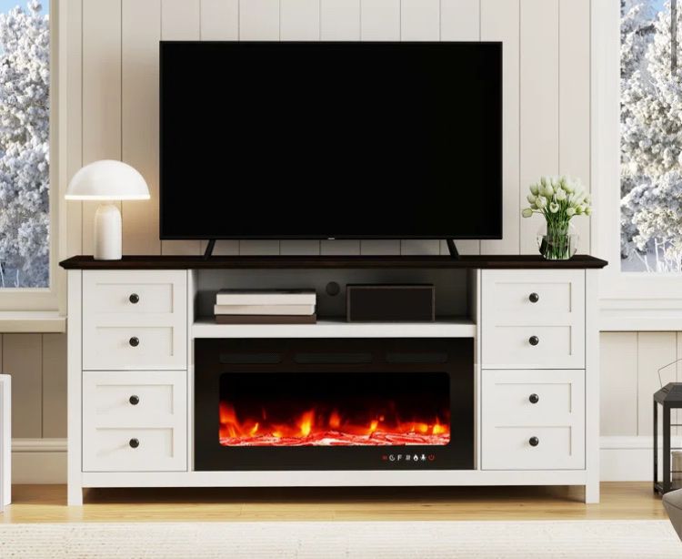 70-inch Farmhouse TV Stand with a 36-inch Electric Fireplace. (Cat not for sell)