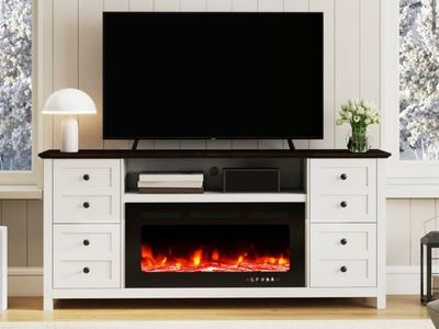 70-inch Farmhouse TV Stand with a 36-inch Electric Fireplace. (Cat not for sell)