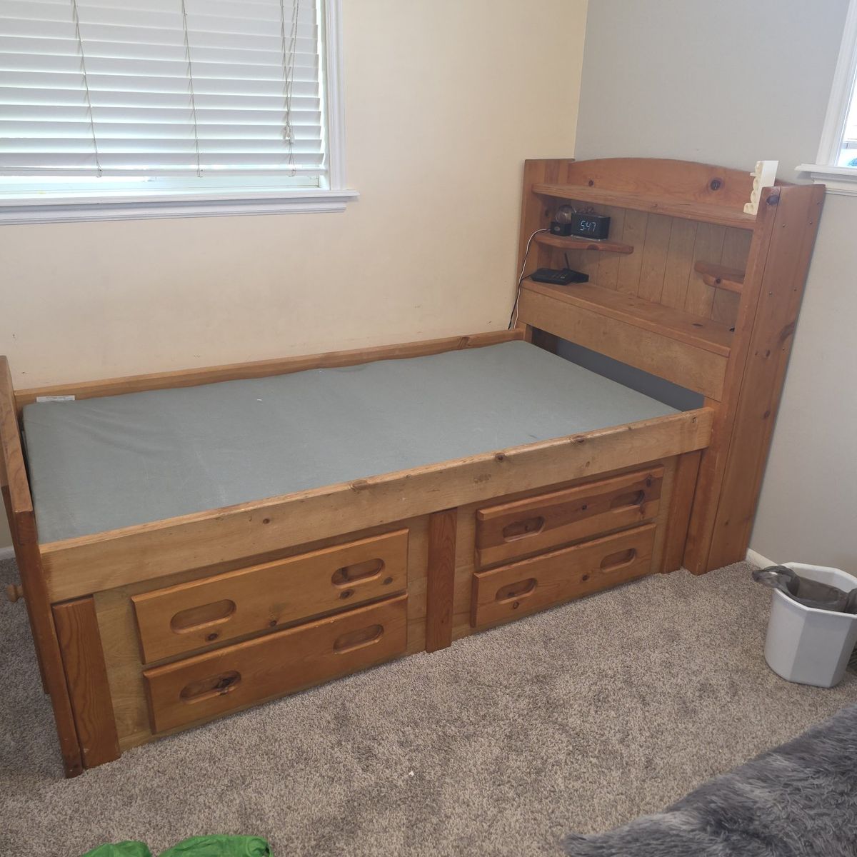 Solid Wood Twin Captain's Bed with Storage Drawers and Bookshelf Headboard