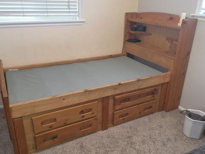 Solid Wood Twin Captain's Bed with Storage Drawers and Bookshelf Headboard
