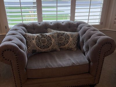 Gray Tufted Fabric Chesterfield Armchair / Chair and a Half with Accent Pillows