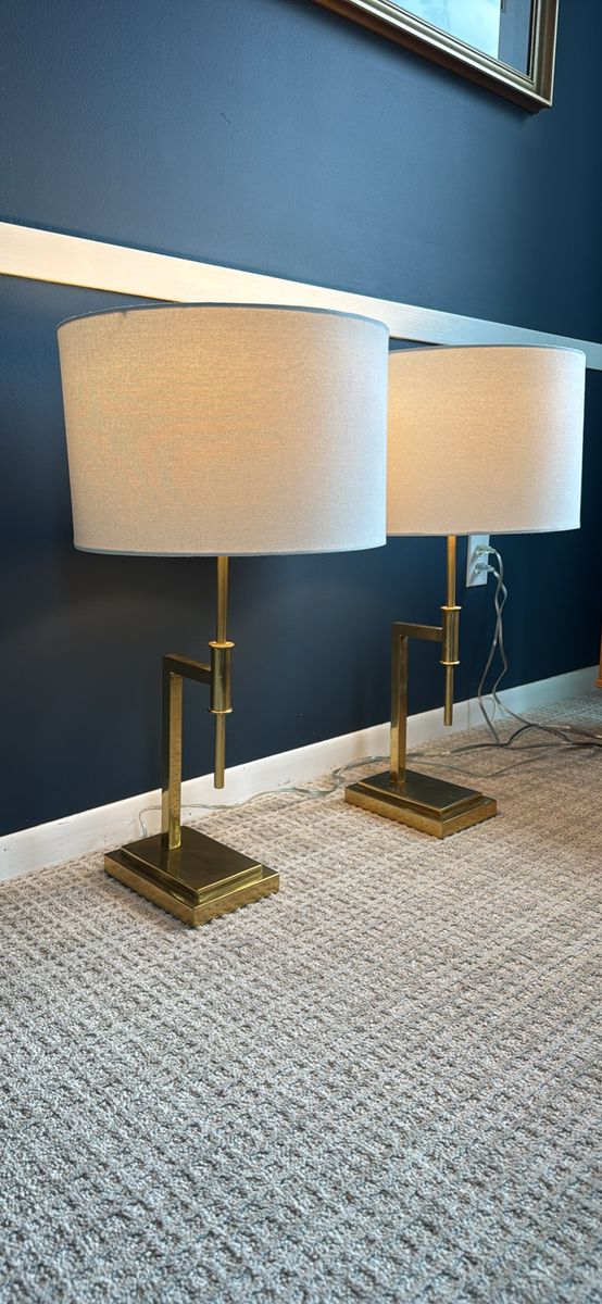 Set of 2 Brass, Mid-Century Modern Pottery Barn Table Lamps with White Fabric Shades