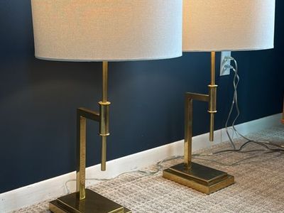 Set of 2 Brass, Mid-Century Modern Pottery Barn Table Lamps with White Fabric Shades