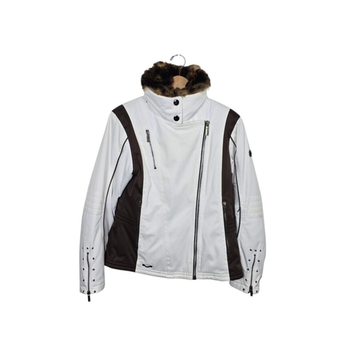 Spyder XTL Asymmetrical Zip Moto Style Faux Fur Collar Ski Jacket White Brown 6