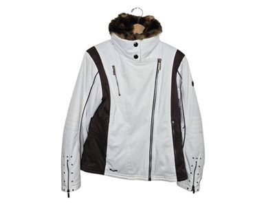 Spyder XTL Asymmetrical Zip Moto Style Faux Fur Collar Ski Jacket White Brown 6