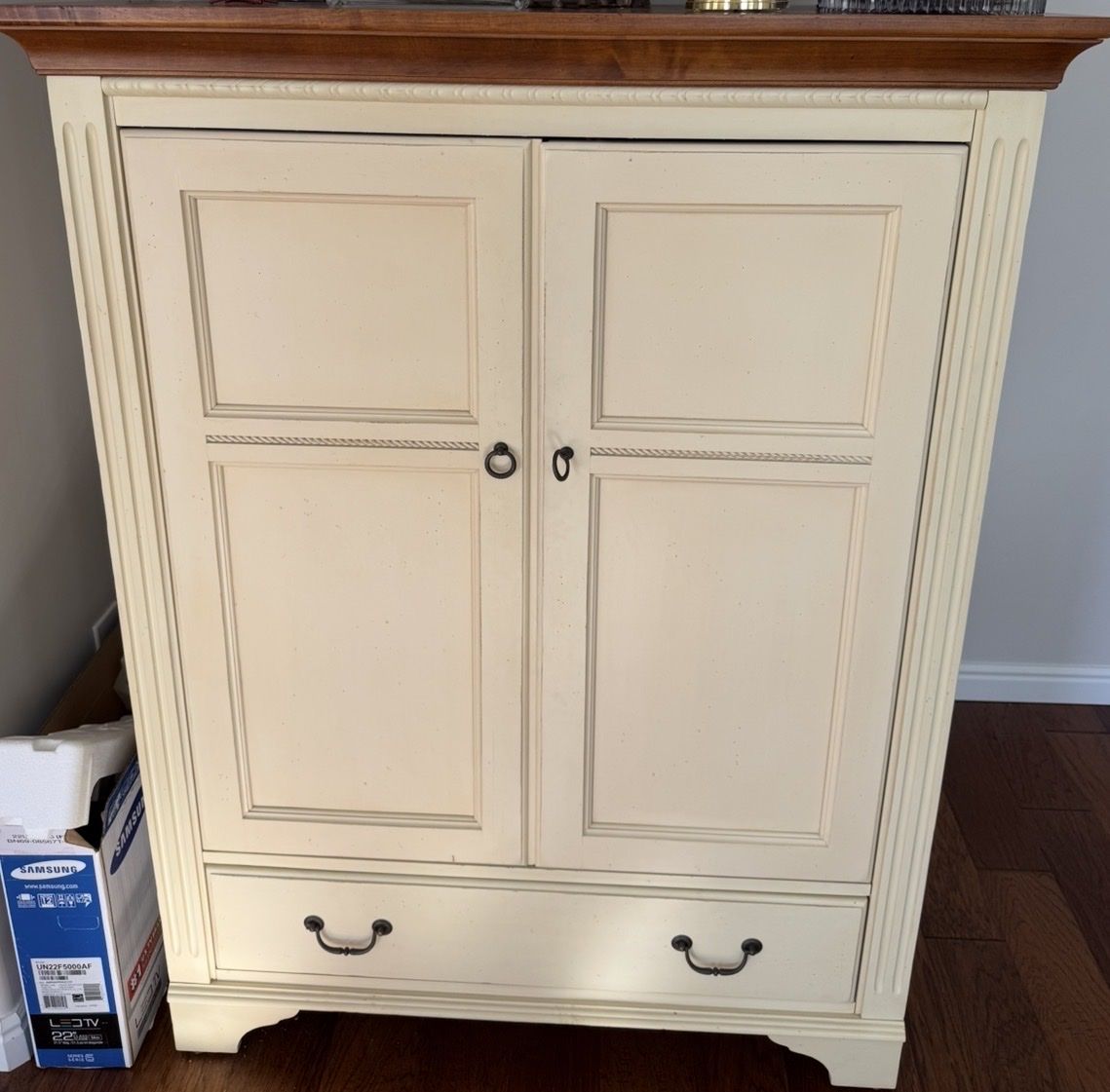 Ethan Allen Cream & Wood Media Armoire/Cabinet - Versatile Storage for TV, Bar, or Craft Supplies