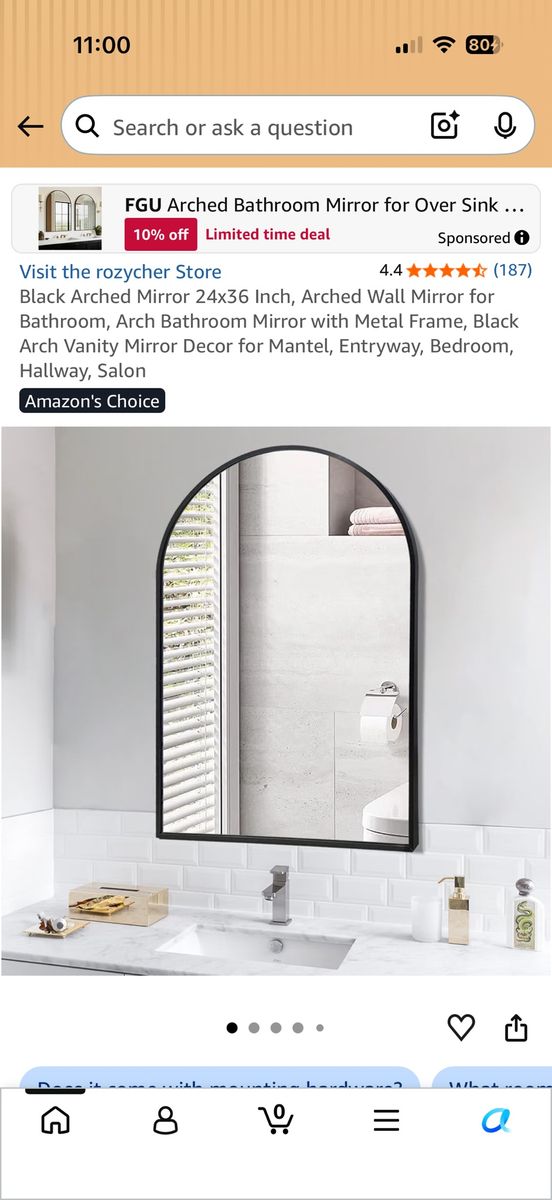 Black Arched Mirror 24x36 Inch Metal Frame Wall Vanity Decor