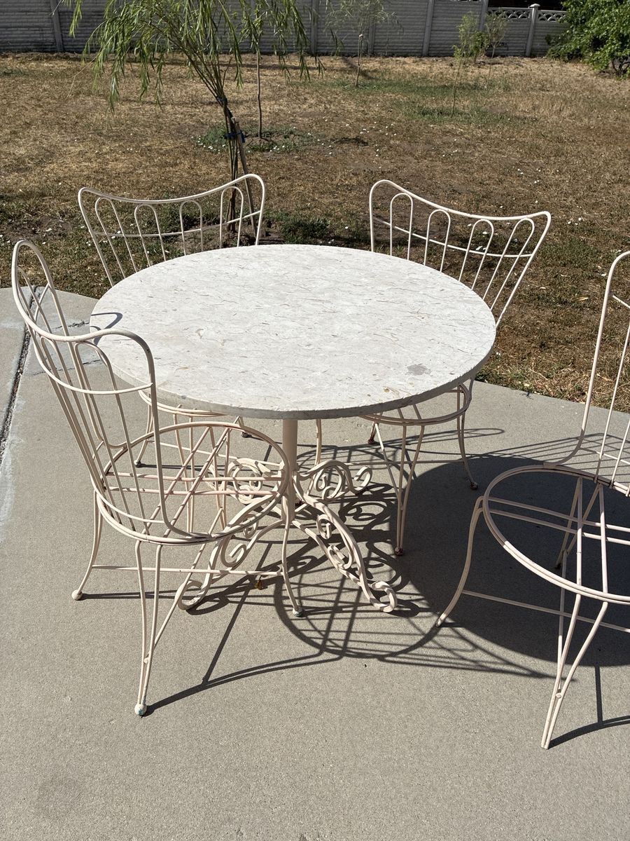 Vintage Mid-Century White Wrought Iron Patio Dining Set - 4 Chairs & Round Table