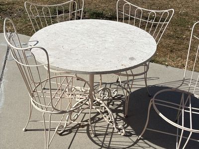 Vintage Mid-Century White Wrought Iron Patio Dining Set - 4 Chairs & Round Table