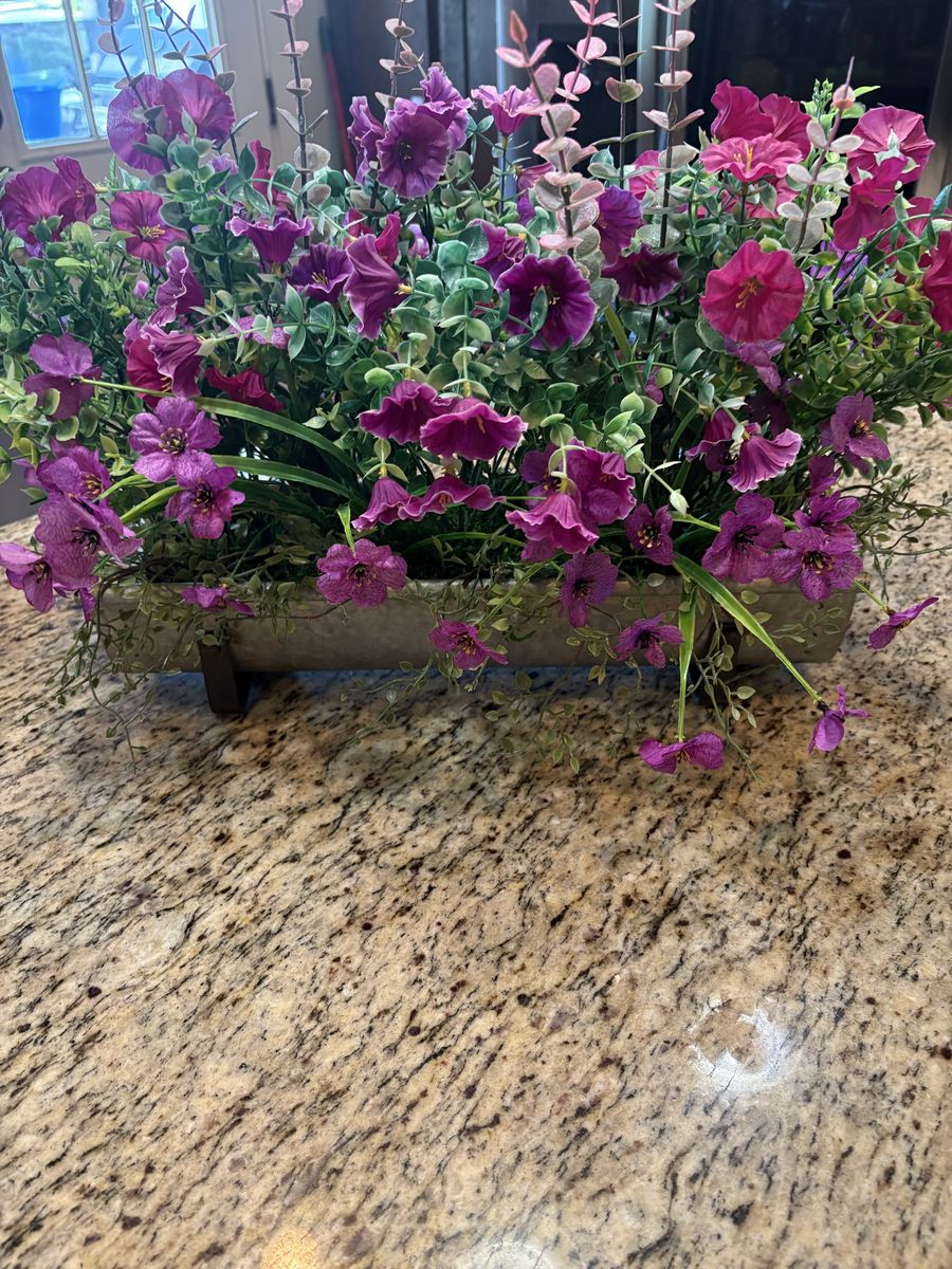 Artificial Floral Arrangement with Purple Flowers in Metal Planter
