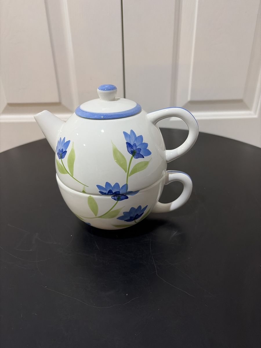 Teapot With Cup Underneath (blue & Green)