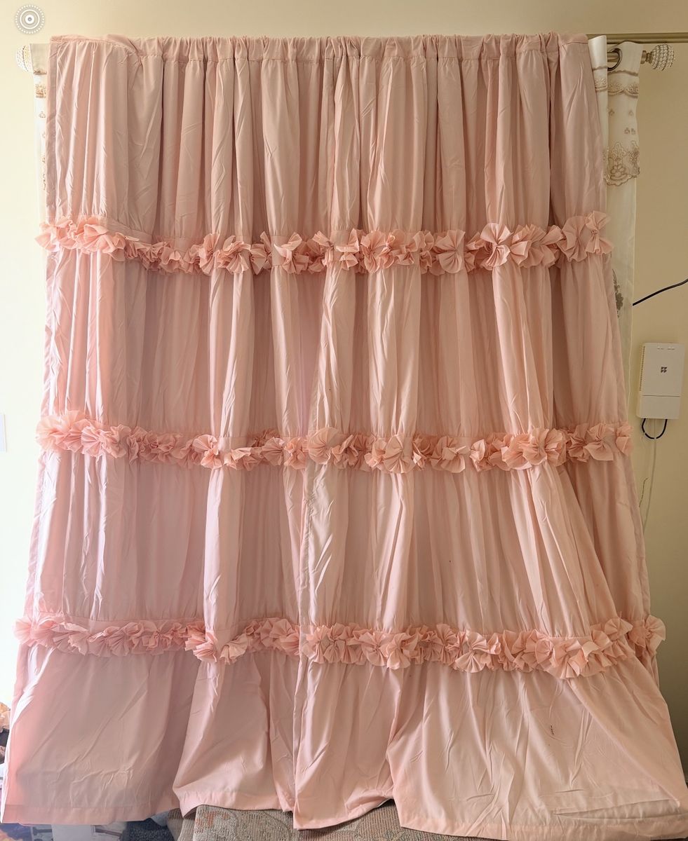 New. EVA Peach Pink Ruffled Window Curtains - 54" x 84" Panel Set (New)