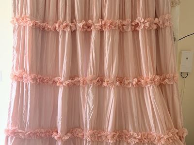 New. EVA Peach Pink Ruffled Window Curtains - 54" x 84" Panel Set (New)