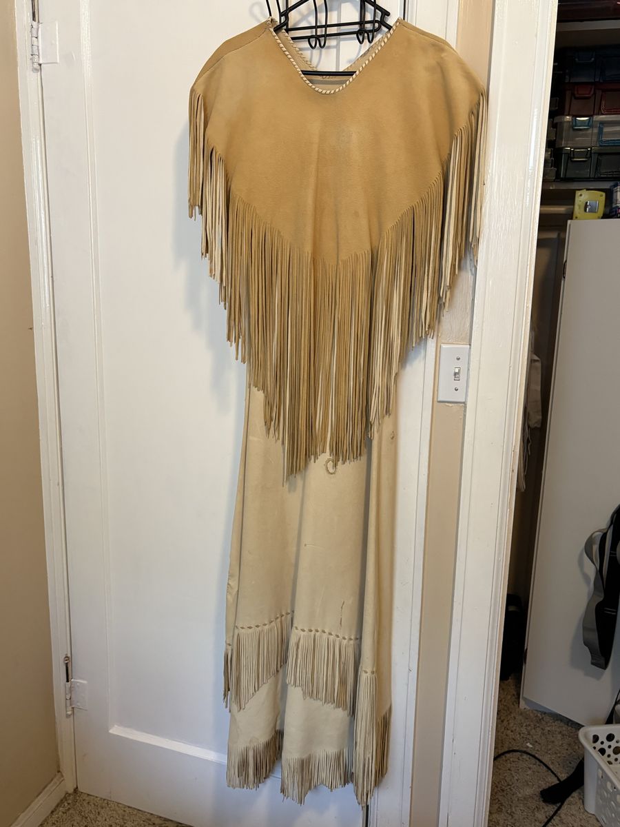 Vintage Native American Leather Fringe Dress with Trim, Cream/Tan, Western Wear