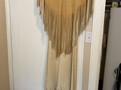 Vintage Native American Leather Fringe Dress with Trim, Cream/Tan, Western Wear