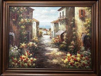 Large Framed Mediterranean Street Scene - Impasto Oil Style - Excellent Condition