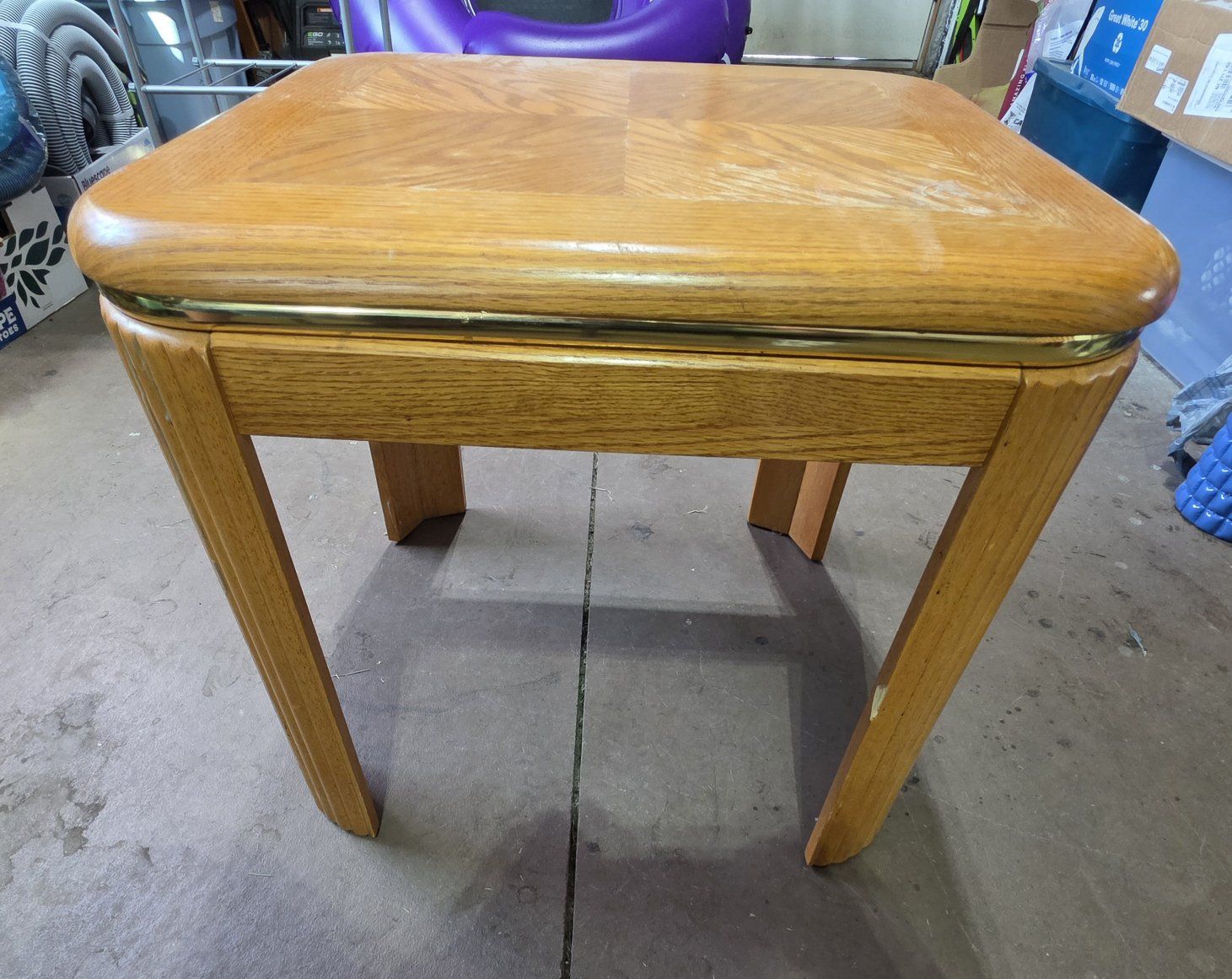 Vintage Wooden End Table with Geometric Parquetry Top and Brass Trim