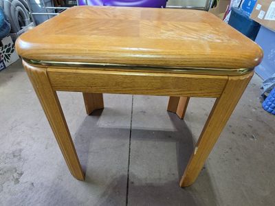 Vintage Wooden End Table with Geometric Parquetry Top and Brass Trim