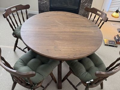 Round Wooden Dining Table with Four Windsor Style Chairs and Cushions