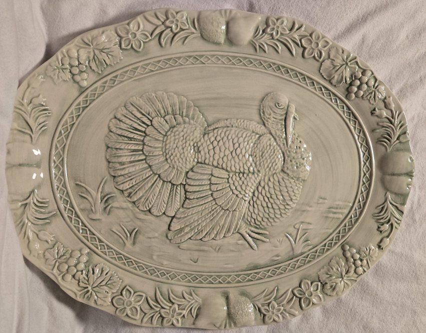 Sage Green Turkey Platter, Ceramic, Dishwasher/Microwave Safe, Made in Portugal 18x13
