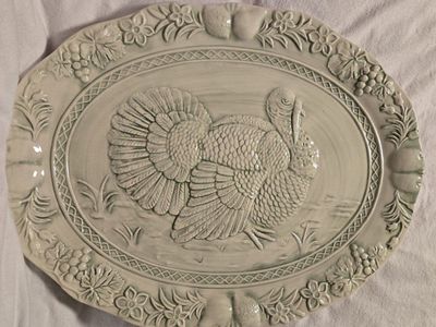 Sage Green Turkey Platter, Ceramic, Dishwasher/Microwave Safe, Made in Portugal 18x13