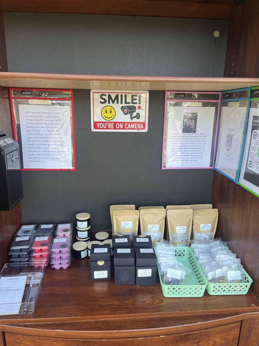 Goats milk soap, candles, wax melts, bath salts. Self serve farm stand