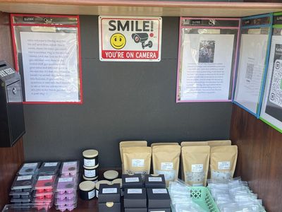 Goats milk soap, candles, wax melts, bath salts. Self serve farm stand