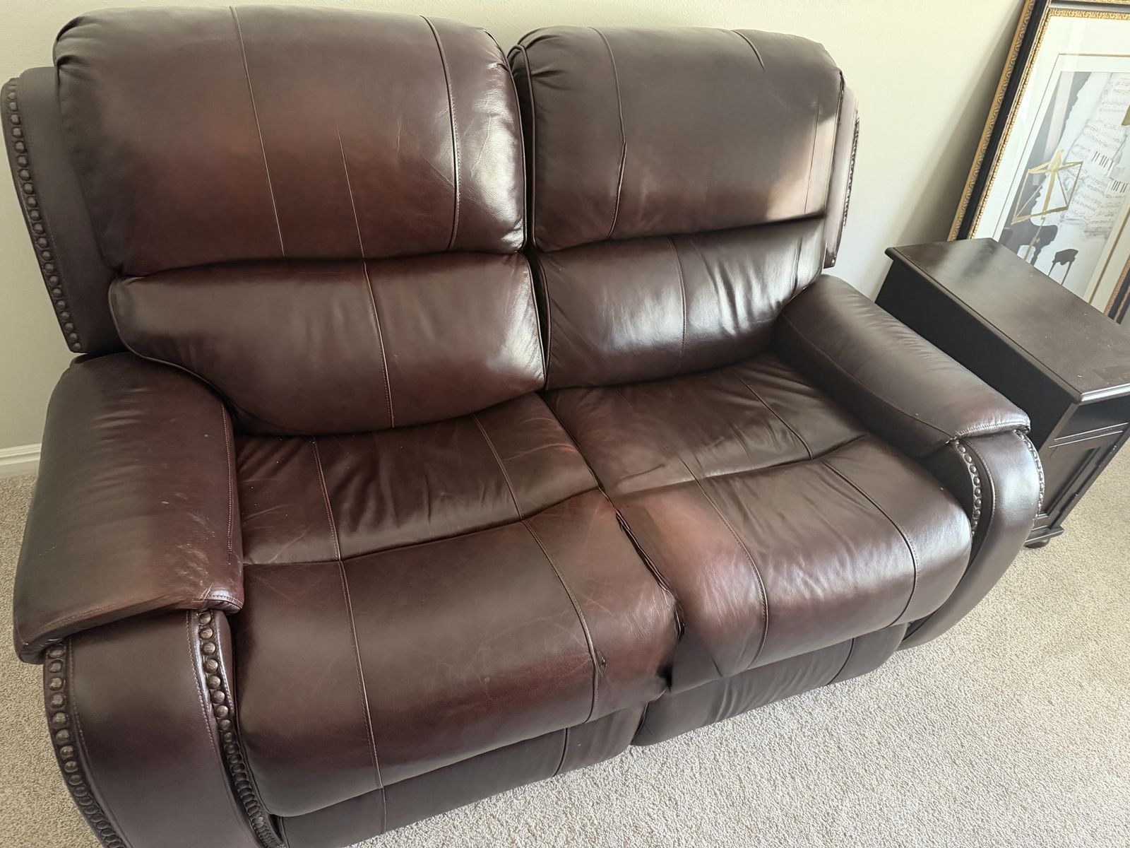 Brown Leather Reclining Sofa, Loveseat, & Armchair Set - Nailhead Trim