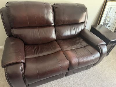 Brown Leather Reclining Sofa, Loveseat, & Armchair Set - Nailhead Trim