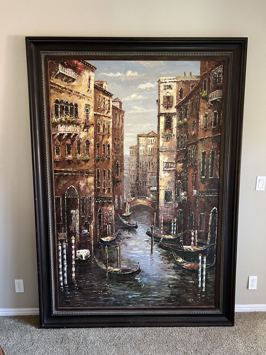 Large Framed Original Oil Painting - Venetian Canal Scene with Gondolas Art