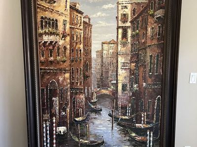Large Framed Original Oil Painting - Venetian Canal Scene with Gondolas Art