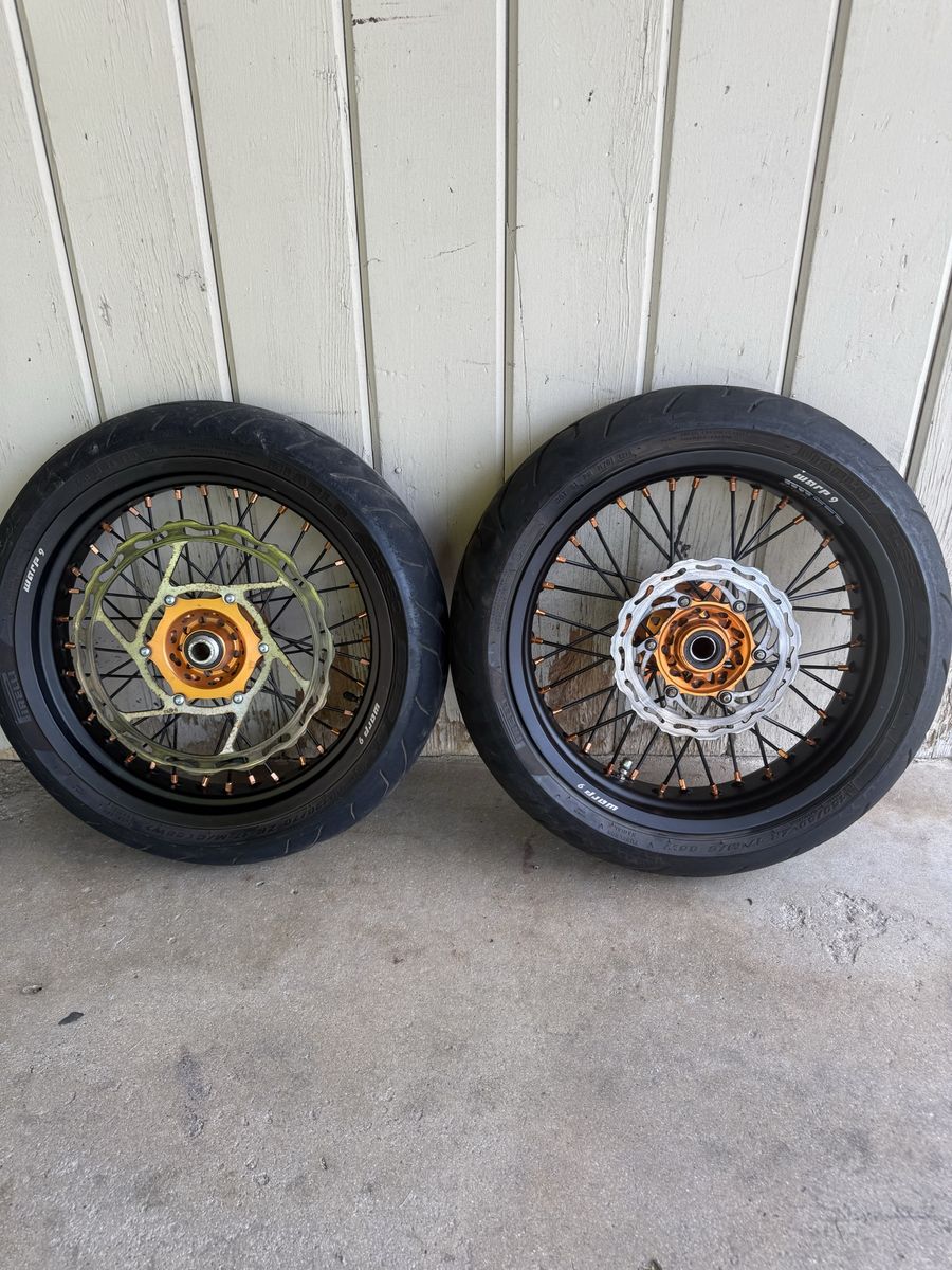 Warp 9 Supermoto Wheels Black/Orange with Pirelli Tires & Brake Rotors