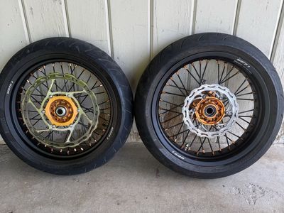 Warp 9 Supermoto Wheels Black/Orange with Pirelli Tires & Brake Rotors
