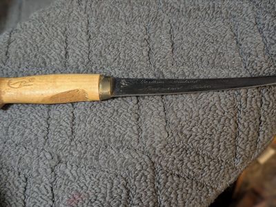 Vtg J Marttiini Finland Hand Engraved Fishing Fillet Knife with Sheath 11"